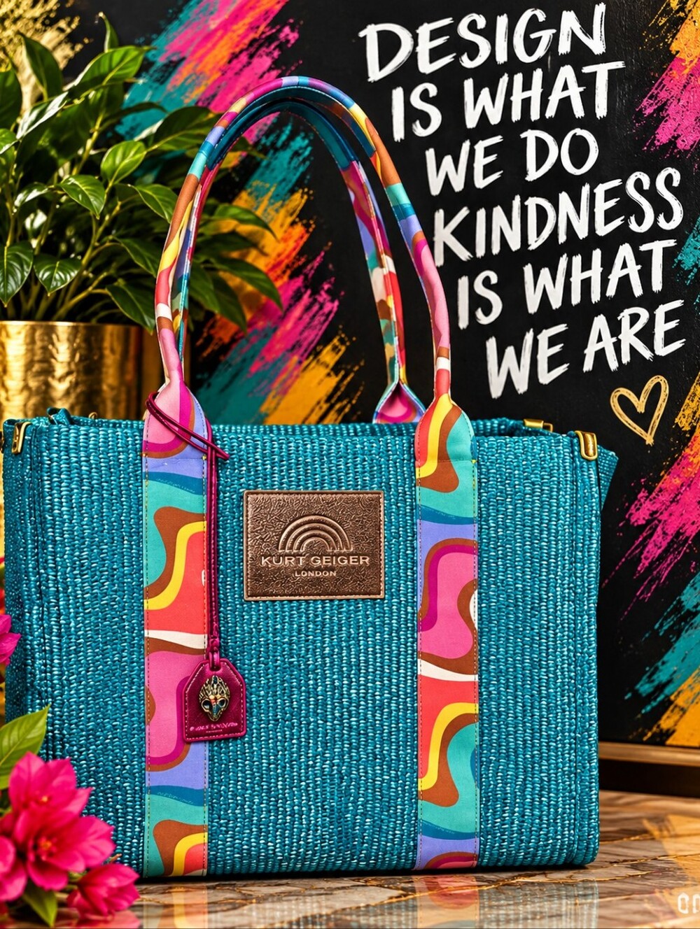 Kurt Geiger Teal Woven Tote with Multicolor Wave Straps NWT
